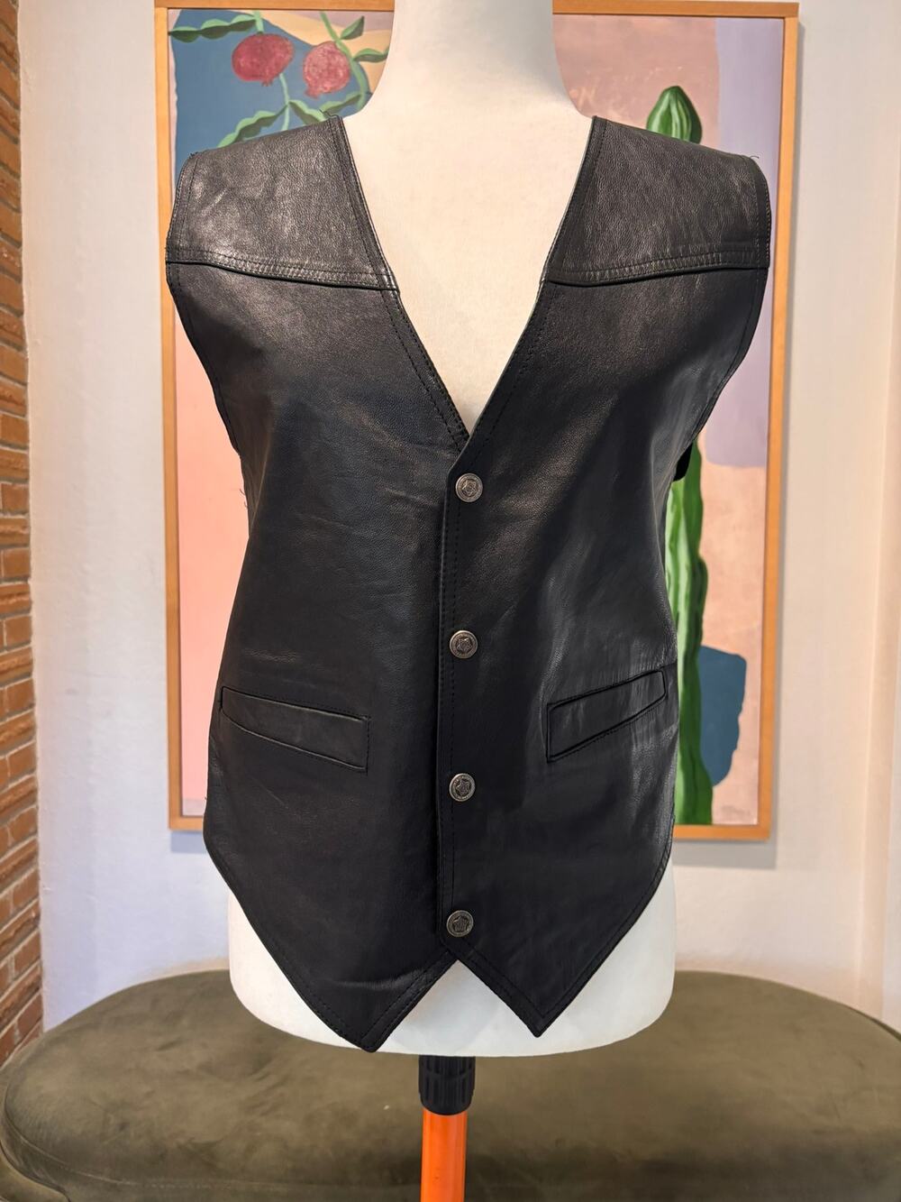 Vintage 90s Paragraph Genuine Black Leather Western Biker Vest Small
